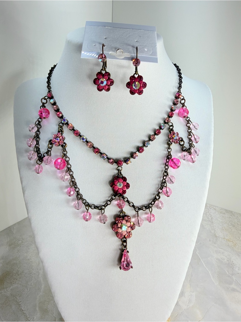Pink vintage floral necklace and earrings set with  crystal & pink beads and flo